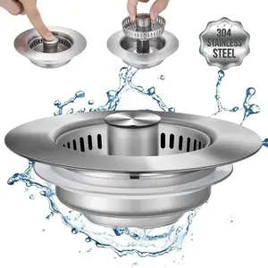 3 in 1 Kitchen Sink Drain Strainer and Stopper Combo,304 Stainless Steel Pop-up Kitchen Sink Stopper,Anti-Clog Kitchen Sink Bounce Core Strainer Basket Filter for US Standard 3-1/2'' in Drain