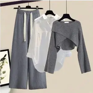 Three-Piece Set: Sweater Top + Thin Casual Wide-Leg Pants (Clothes/Suits)