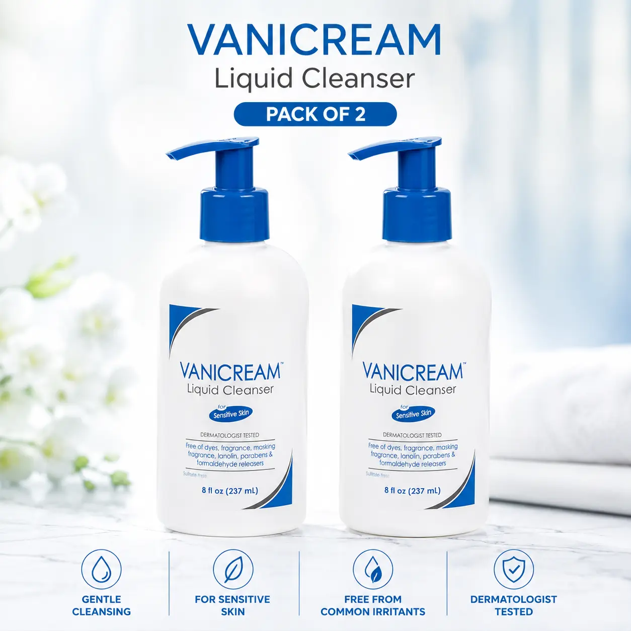 Vanicream Liquid Cleanser - 8 fl oz – Unscented, Gluten-Free Formula for Sensitive Skin (Pack of 2)