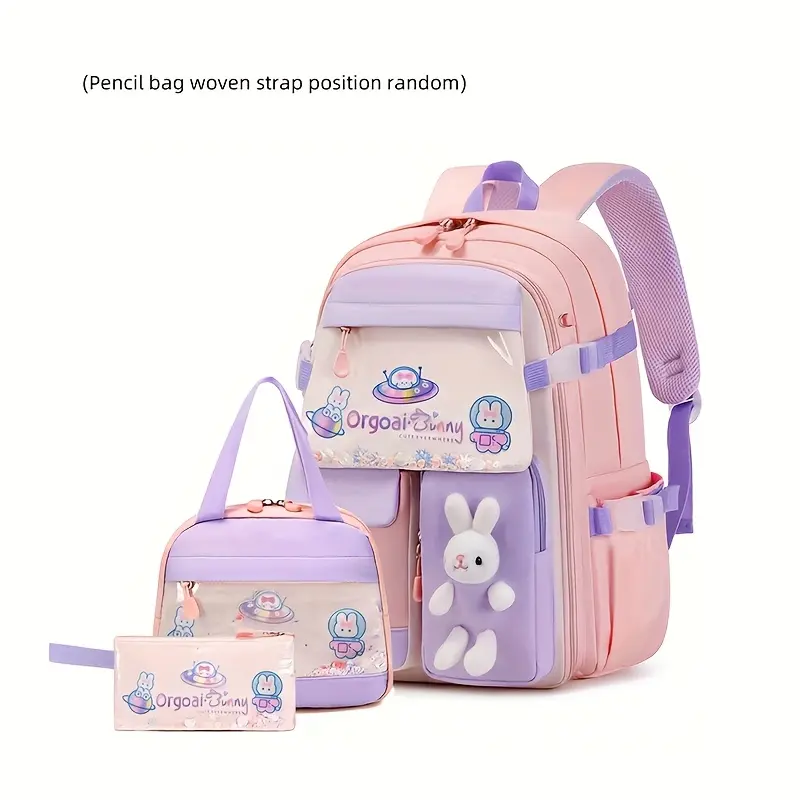 3pcs Cute-Themed Backpack Set - Adjustable Strap, Material, Zipper Closure, Polyester Lining, Hand Washable, Preppy Style, School Supplies |         Design |         Durable Backpack