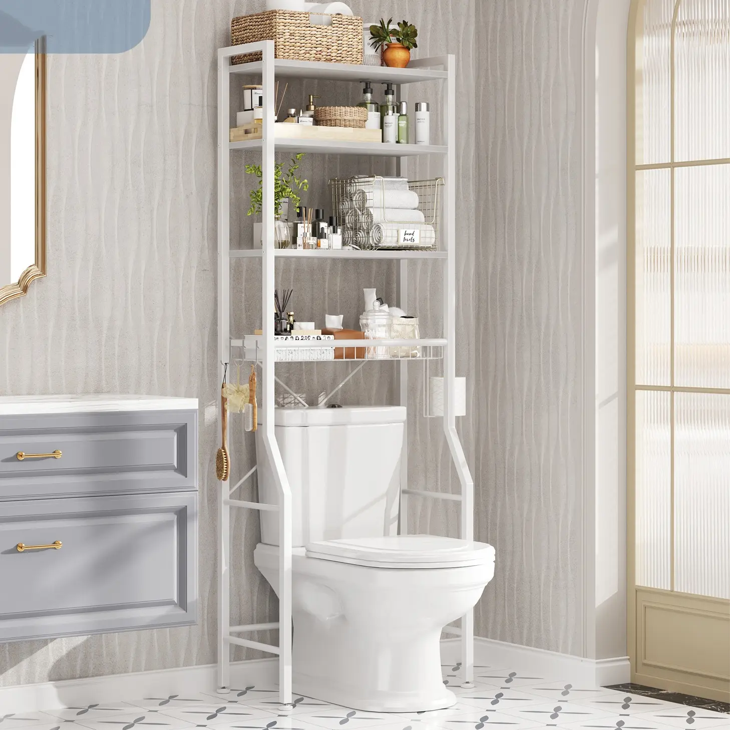 Over the Toilet Storage Rack, Bathroom Shelf Organizer Over Toilet,Space Saver With Adjustable Shelf & Storage Basket, for Small Bathroom, Above Toilet Storage for Laundry Room, Apartment