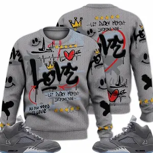 5 Wolf Grey Ugly Sweater, Retro Wolf Grey 5s Outfits, Happy Love Beats Graffiti Streetwear Unisex Sneaker Matching Shirts