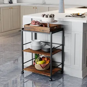 3-Tier Kitchen Bakers Rack, Utility Serving Cart, Multifunction Microwave Oven Stand, Baker's Rack with Storage Shelf and 10 Hooks Organiser Baking
