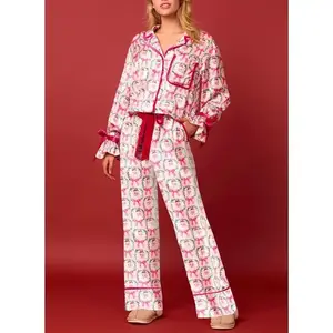 Christmas Bow Tie Front Pajamas for Women Cute Print Long Sleeve Shirts Pants 2 Pieces Xmas Satin Pjs Loungewear Sets