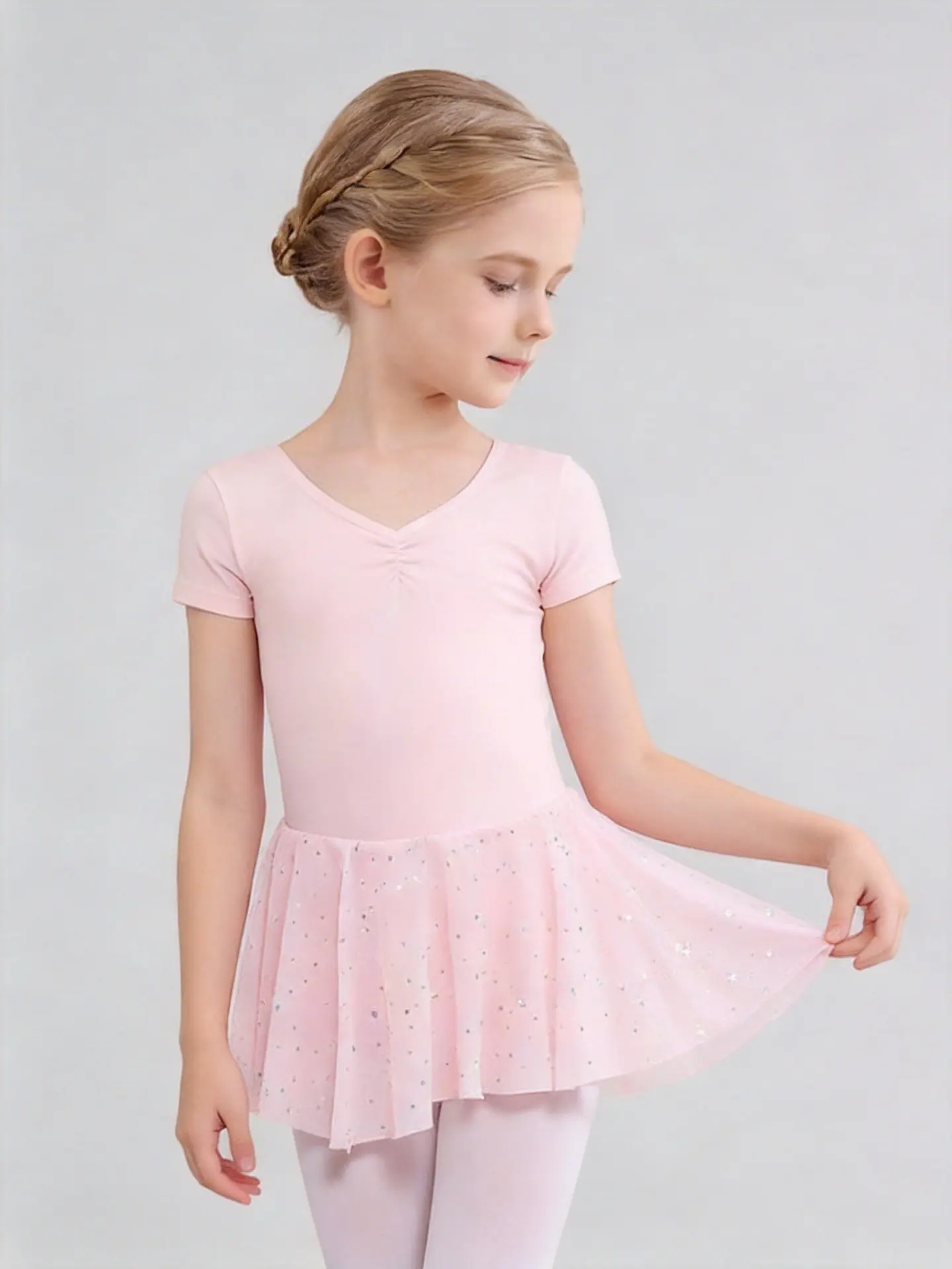 Girls’ pink sequin ballet dress, short-sleeve one-piece dance outfit with tulle skirt