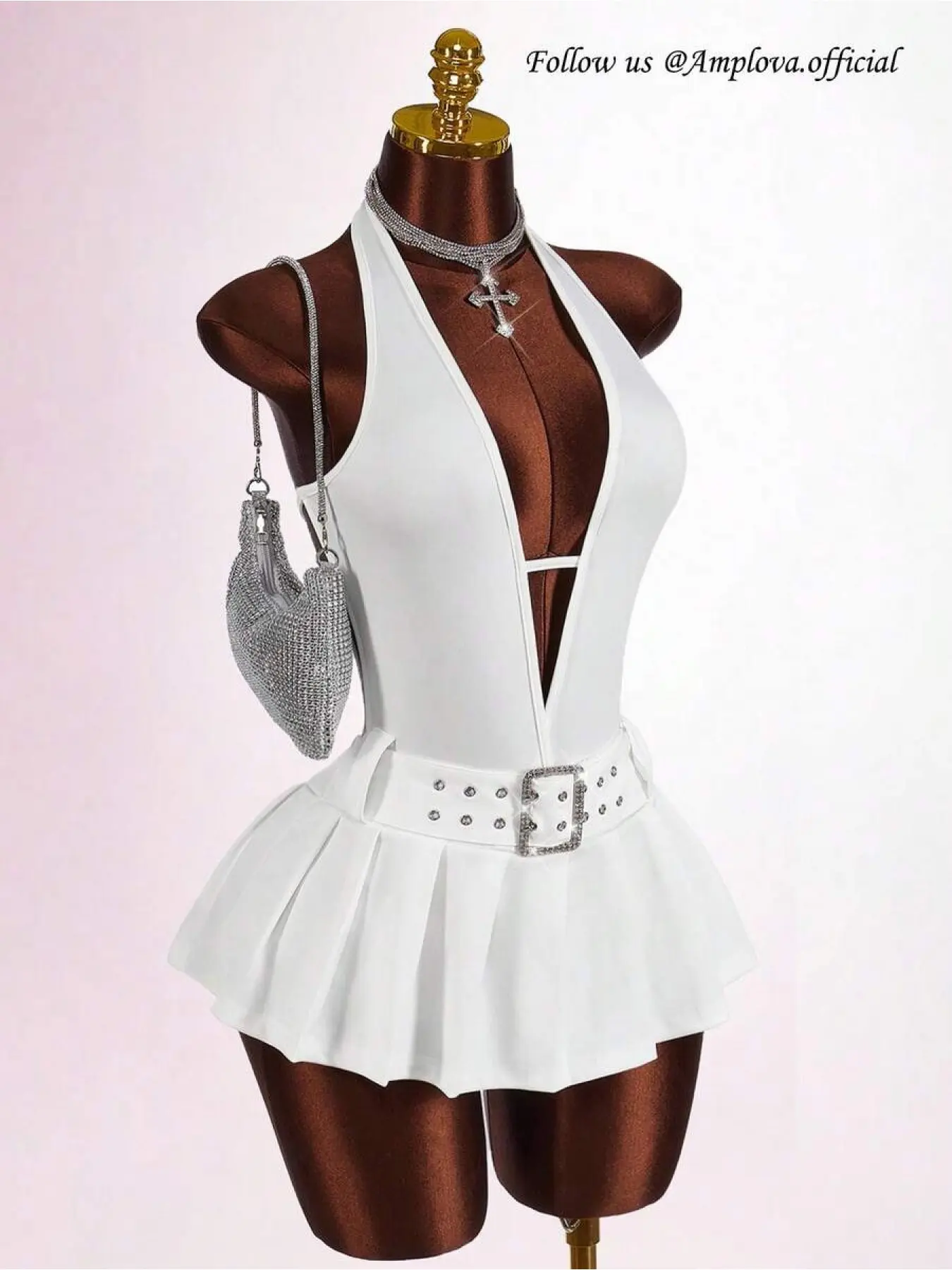 Clothes Women Kawaii Back To School Deep V-Neck Backless Metal Belt Buckle Decor High Slit Pleated Form-Fitting Mini Jumpsuit Dress, All White Party Outfit Elegant Formal Wear Aesthetic Elegant Party Apparel