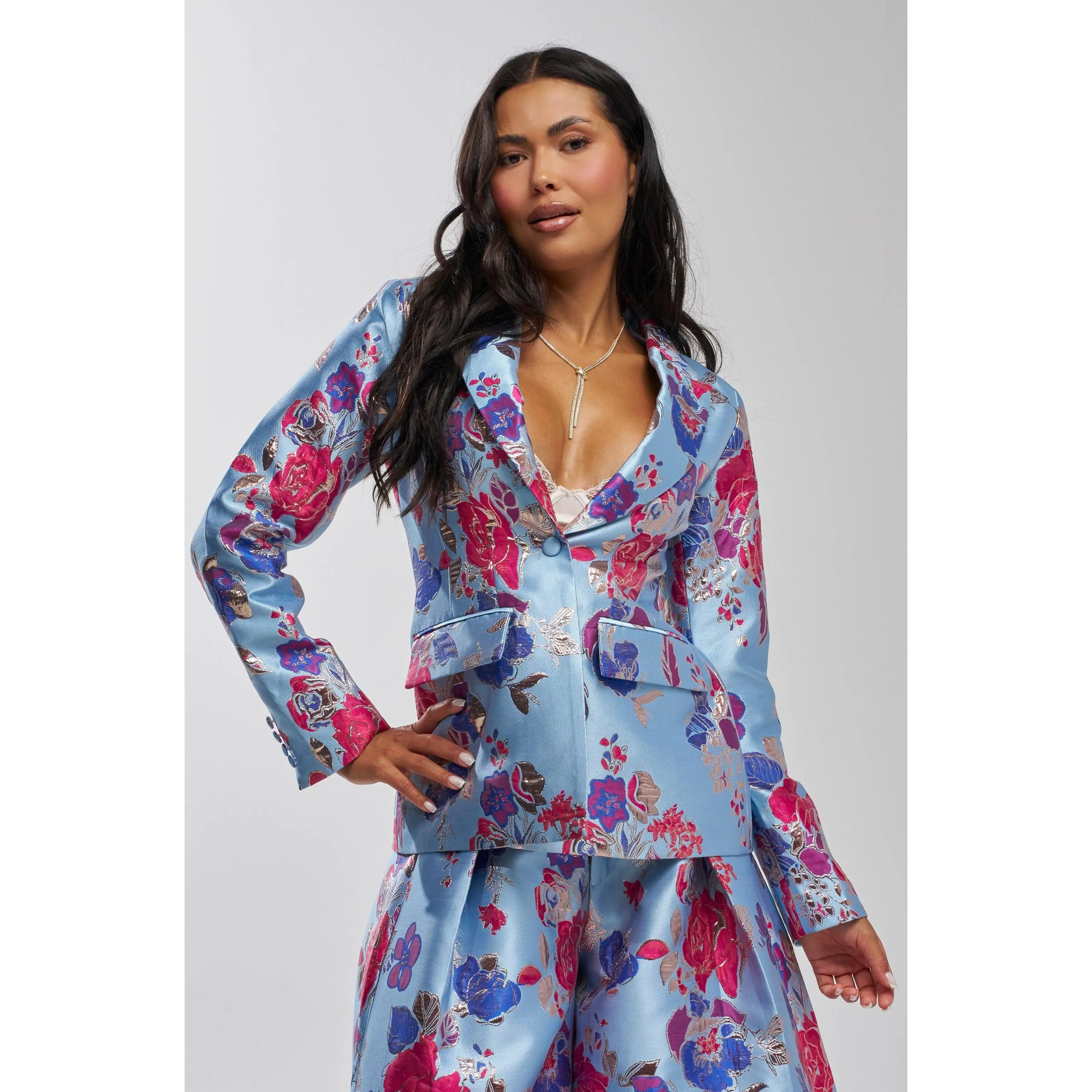 BUY MYSELF FLOWERS BROCADE BLAZER IN BLUE
