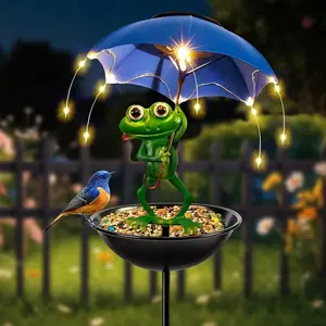 Solar Outdoor Bird Feeder Frog with Umbrella Bird Feeder IP44 Solar Garden Light Hummingbird Feeder Frog Sculpture Yard Lawn Art Decor Perfect Easter Room Decor Solar Garden Lamp Gifts for Mom Wife Daughter Solar Camping Lights No Electricity Needed