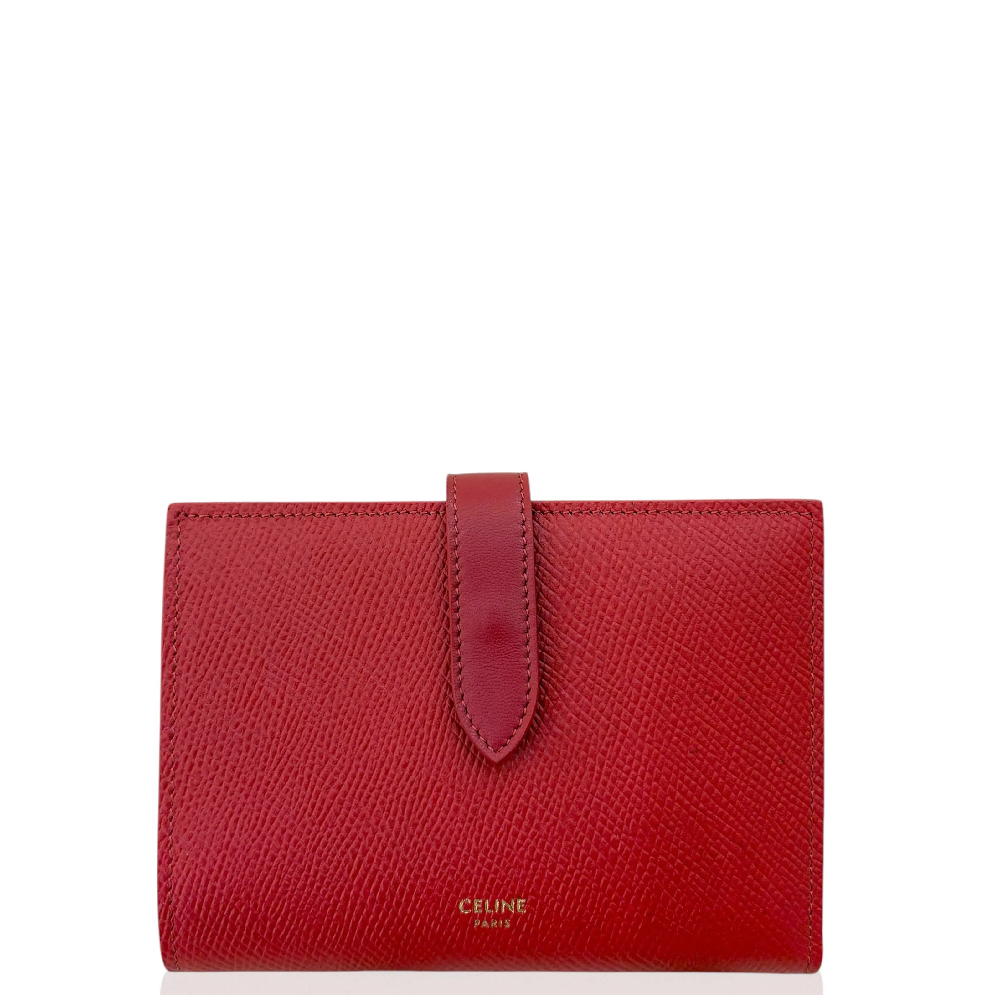 Pre-owned Celine Leather Small Leather Goods Compact Wallet Saffiano Red (0429r3)
