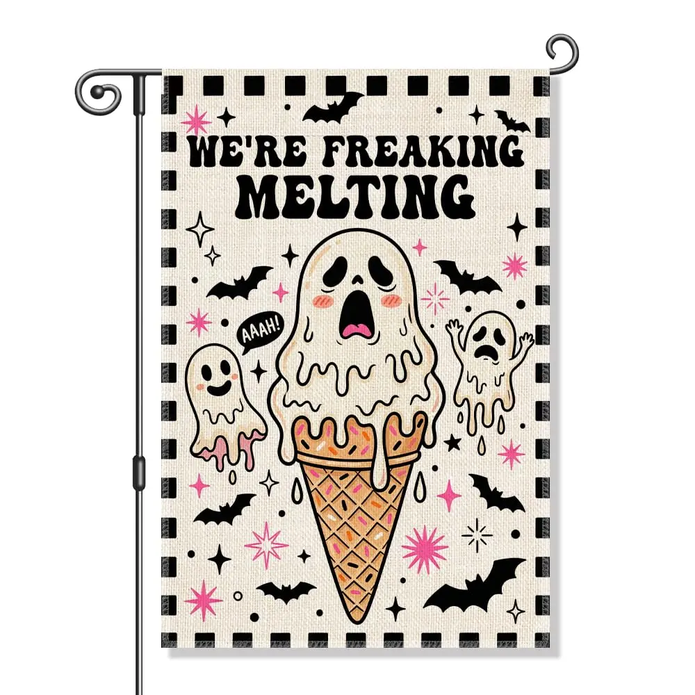 We're Freaking Melting Funny Summerween Halloween Garden Flag 12x18'' | Double Sided Cute Ghost Ice Cream Halloween Yard Flag, Spooky Summer Party Home Porch Lawn Patio Decor, Ghost Lover Giftsv
