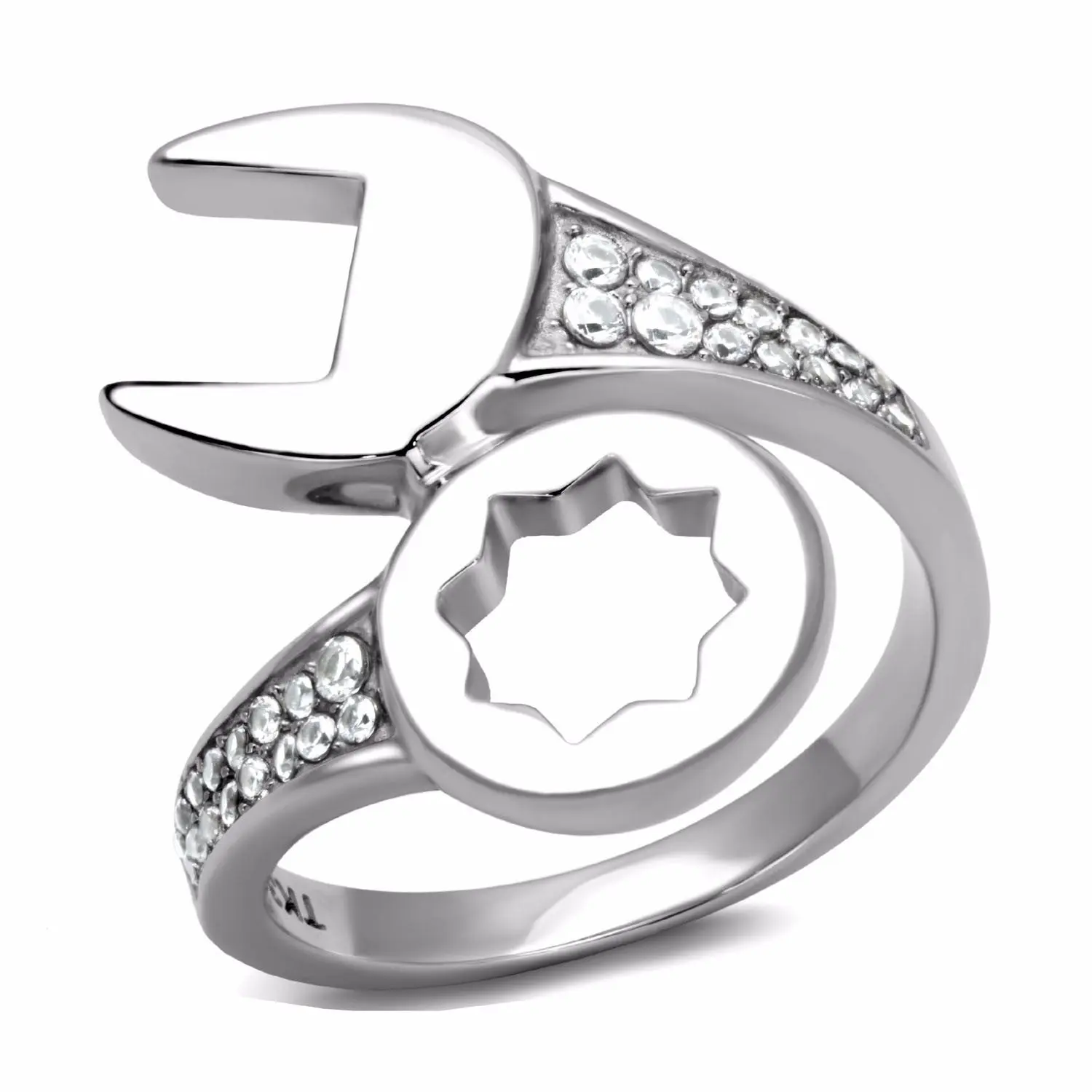 Lanyjewelry Men's Hypoallergenic Stainless Steel Geometric Wrench-Shape Jewelry Ring - Round Band with Cubic Zirconia Accents, Multi-Size Everyday Metal Jewelry Ring, Jewelry Rings, Cubic Zirconia Rings