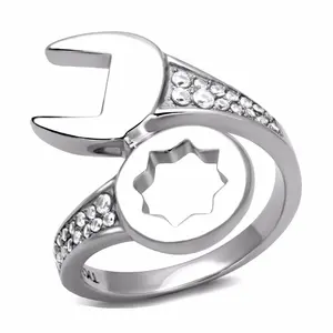 Lanyjewelry Men's Hypoallergenic Stainless Steel Wrench-Shape Ring - Round Band with CZ Accents, Multi-Size Hypoallergenic Jewelry