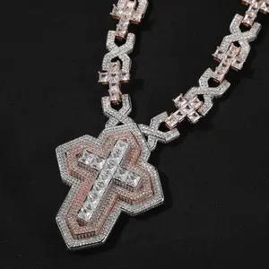 Men's Iced Out Two-Tone Cross Pendant Necklace |   Baguette & Pave 5A+ Zircon Layered Cross Cuban Link Chain |   Hip Hop Streetwear Jewelry for Women & Men