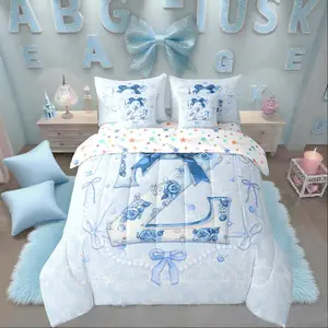 Feelyou 7-Piece Blue Initial Letter Z Bed Comforter Set - Coquette Bow, Rose Floral Design, 3D Alphabet Aesthetic Preppy Bedding-in-a-Bag for Birthday Gifts