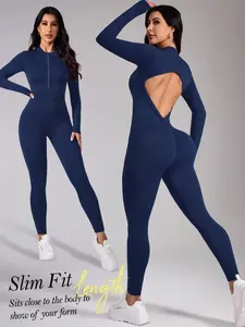 Women's Long Sleeve Backless Sports Jumpsuit, Comfortable High Stretch Seamless Design, Perfect for Yoga and Gym Exercises