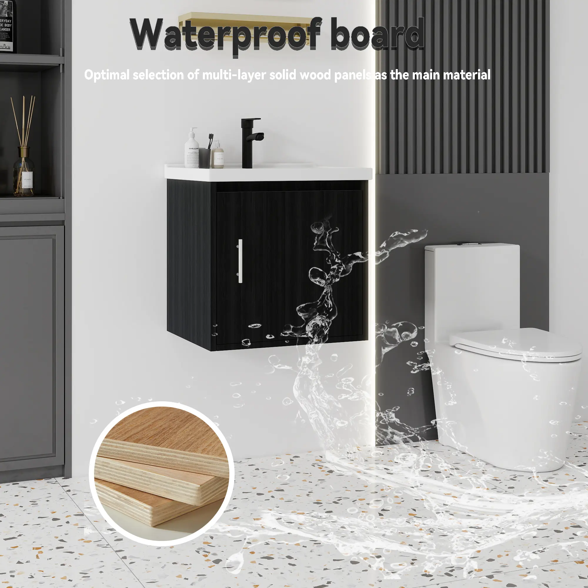20 Inch Floating Wall Mount Bathroom Vanity, Moisture-Proof Plywood Cabinet with Integrated Ceramic Sink, BlackWalnut Soft Close Single Door for Small Powder Rooms,