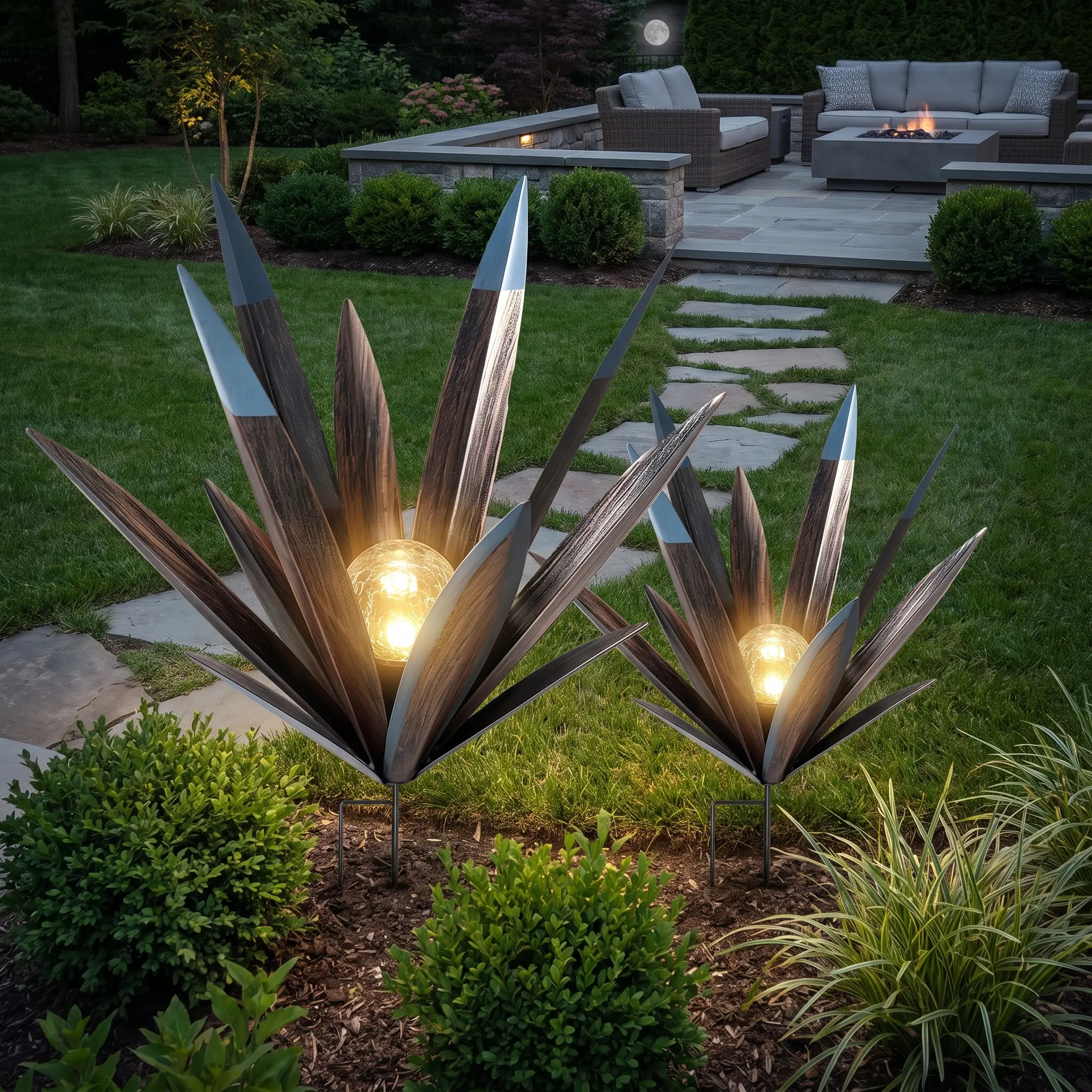 Solar-powered rural-style metal agave figurines, waterproof outdoor illuminated agave sculptures, suitable for garden, courtyard, terrace, lawn, porch and backyard decoration, available in 2 sizes and 6 lighting colors