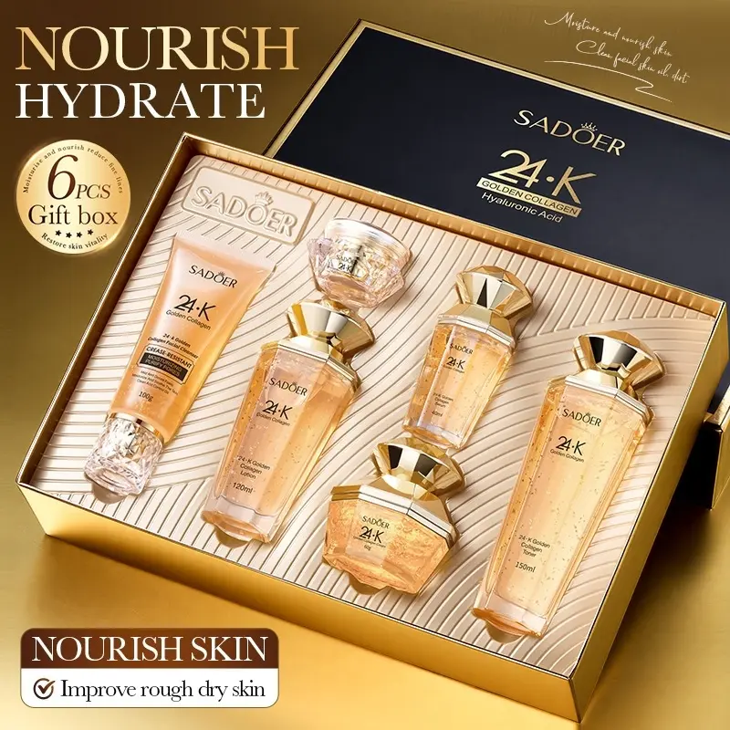 Collagen 6-Piece Skincare Set, Daily Firming Hydrating Brightening, Unisex, Liquid Multi-Pack, Gold Collagen Firming Brightening Set, Brightening Kit, No Alcohol or Aerosol