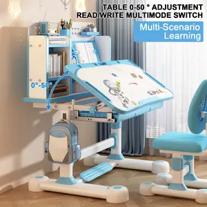Student Learning Desk and Chair Set Pink/Blue Desk Angle Adjustable with Drawers and Storage Compartments Desktop Cartoon Learning Desks and Chairs