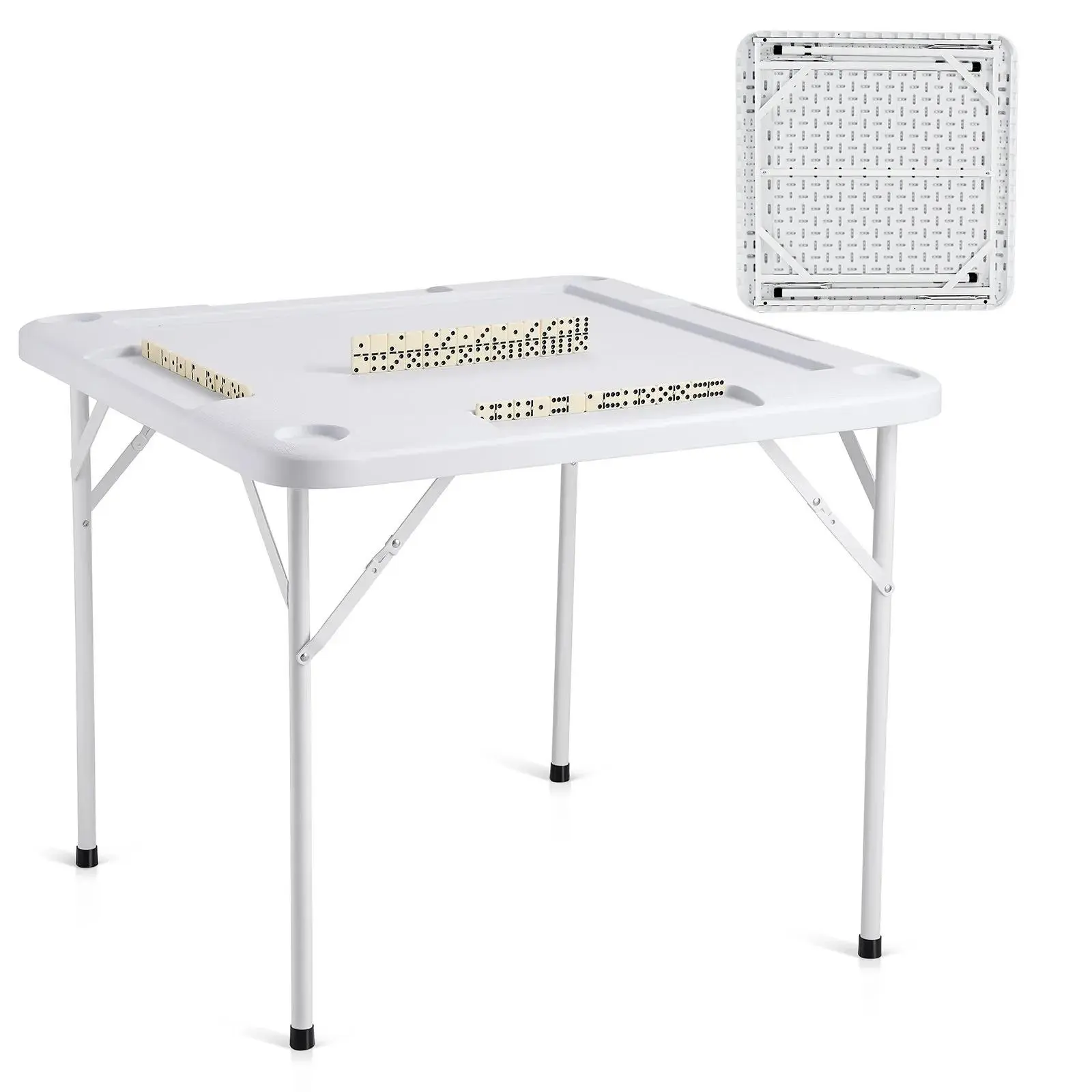 【Summervibes】VEVOR Mahjong Table, Square 4 Player Folding Card Table with 4 Cup Holders & 4 Chip Trays, Portable Domino Game Table with 1 Set of Dominoes for Mahjong Poker Puzzles, 35.4 x 35.4-inch, White