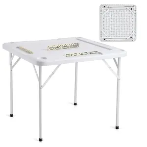 【Summervibes】VEVOR Mahjong Table, Square 4 Player Folding Card Table with 4 Cup Holders & 4 Chip Trays, Portable Domino Game Table with 1 Set of Dominoes for Mahjong Poker Puzzles, 35.4 x 35.4-inch, White