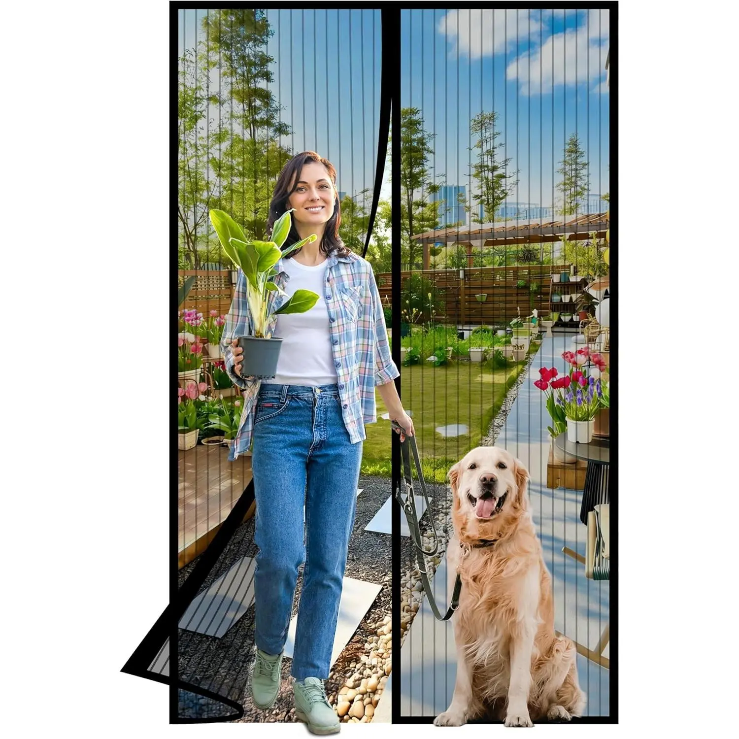 Magnetic Screen Door -Fit Door Size 38.0 x 83.0'' Retractable Screen Door Mesh for Front Door or Sliding Door, Pet & Kid Friendly, Hands-Free Closure Keeps Bugs Out & Lets Breeze in, Stripe Black
