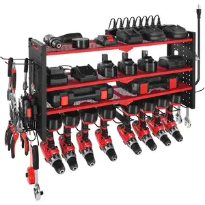 VEVOR Power Tool Organizer with Charging Station, 4-Layer Drill Storage Rack with 8 Drill Holders & Side Pegboard, Garage Tool Organizer Built in 8 Outlet Power Strips for Garage, Workbench, Workshop