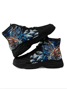 Men's Dragon & Tiger Print Lace Up Mid Top Sneakers, Casual Comfortable Breathable Sports Running Shoes, Male All-match Round Toe Shoes for Daily Wear, Fashionable Running Shoes