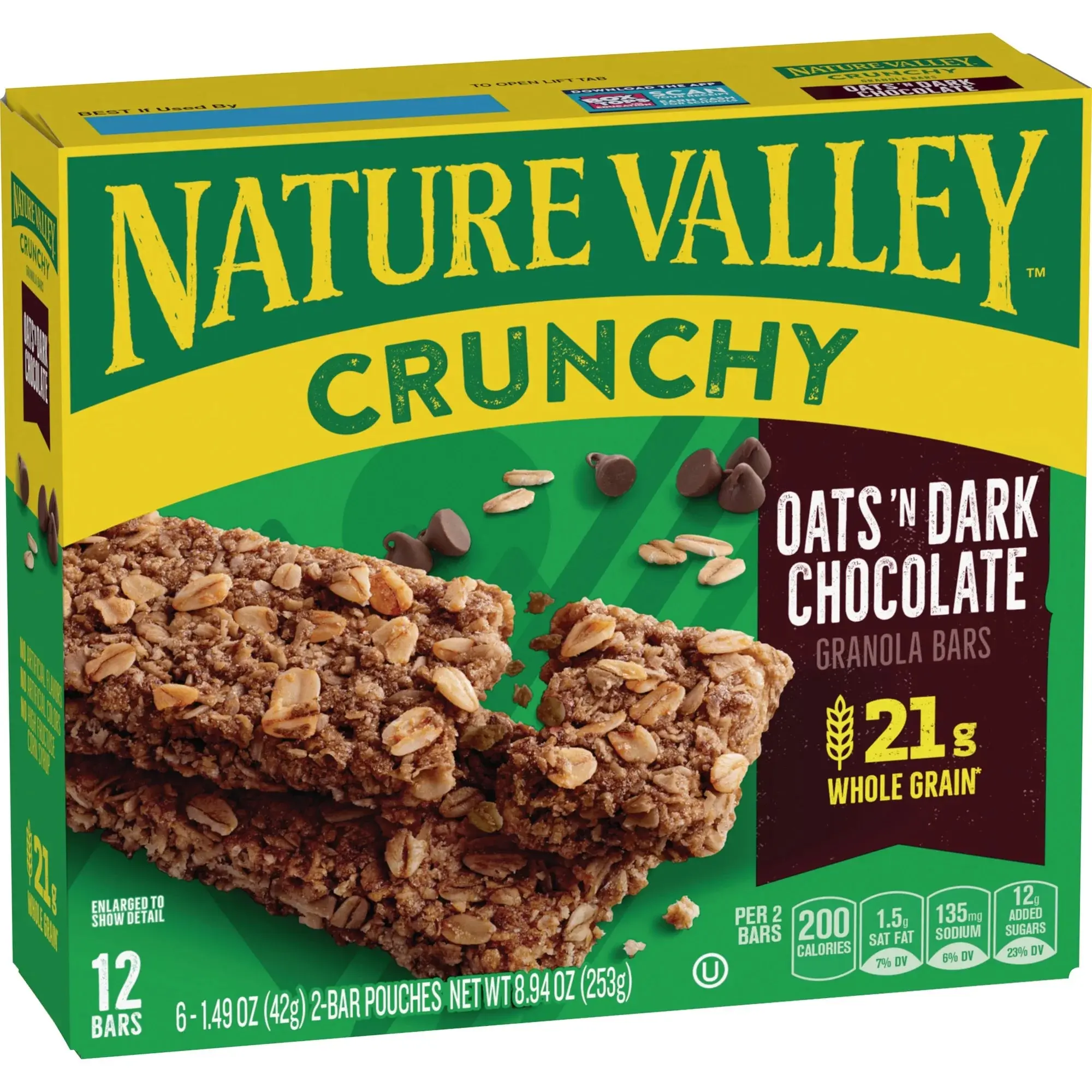 Nature Valley Crunchy Granola Bars, Oats 'n Dark Chocolate, 12 Count, (6 Pouches), 8.94 oz