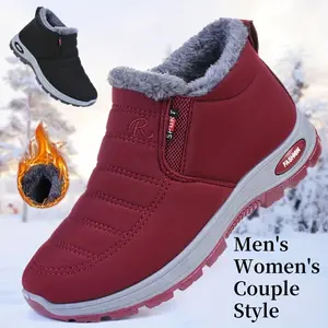 New Winter Solid Color Casual Plush Boots for Men & Women Warm Thick-Soled Shoes Short Tube Design Snowproof Footwear Red Closed