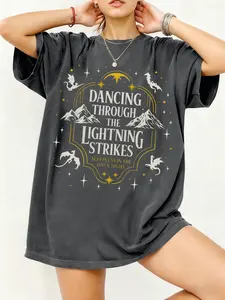 Women's Oversized Fantasy Dancing Through The Lightning Strikes Graphic Tee | Vintage Witchy Gothic Dark Academia Shirt |Snow Mountain & White Dragon Print Top | Baggy Casual T-Shirt | Fantasy Lover Gift Oversized Tee