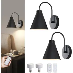 Vintage Battery Operated Wall Sconces Set of 2, Black Bedside Rechargeable Wall Lamps with Remote Control, Gooseneck Wireless Indoor LED Lights Fixture for Hallway Bedroom