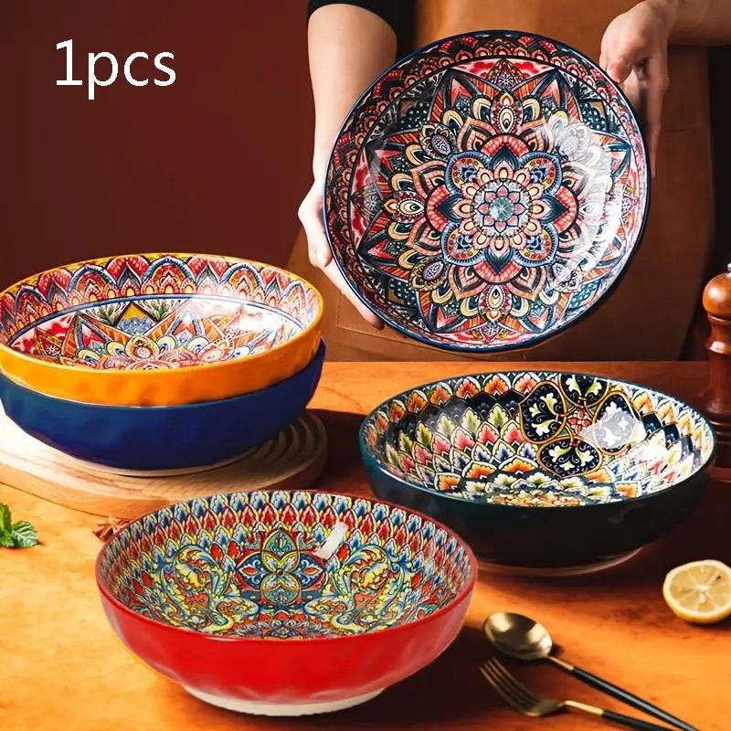 Bohemian Large Ceramic Bowl, 2000ML/67oz Super Big Salad Bowl, Dishwasher & Microwave Safe, Ideal for Salads, Fruits, Pasta, Dinnerware Set