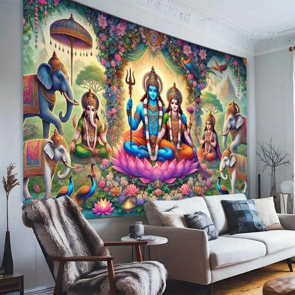 1pc Large 2D Flat Ethnic Floral Hindu Gods & Goddesses Backdrop Banner - 1-Piece Durable White Textile, Soft Texture, Lord Shiva Theme, Elephant Motif, Peacock Accents, Lotus Design, Wedding & Indoor Event Decor (Textiles & Soft Furnishings), Indian Weddi