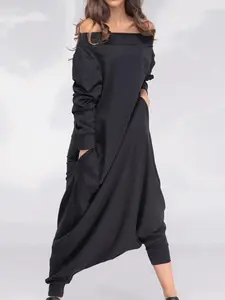 Women's Solid Woven Off-Shoulder Long Sleeve Jumpsuit, Casual Comfy Loose Jumpsuit for Spring & Fall, Ladies Clothes for Daily Wear