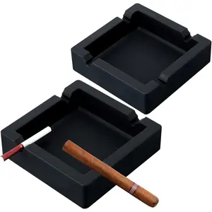 2 Pcs Cigar Outdoor Ashtray Square Ash Tray 6 Inch Silicone Ashtray Men Ashtray Deep Cool Ashtrays with 4 Dual Use Rest for Christmas Gift Patio Outside Indoor Home Decor (Black)