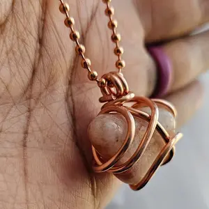 2.4mm Ball Chain Sunstone Crystal Pendant Necklaces 24 Inches, Thick 14 Gauge Copper Wire Wrapped Jewelry, - Joyful energy - Empowerment - Vitality [Made-to-Order]