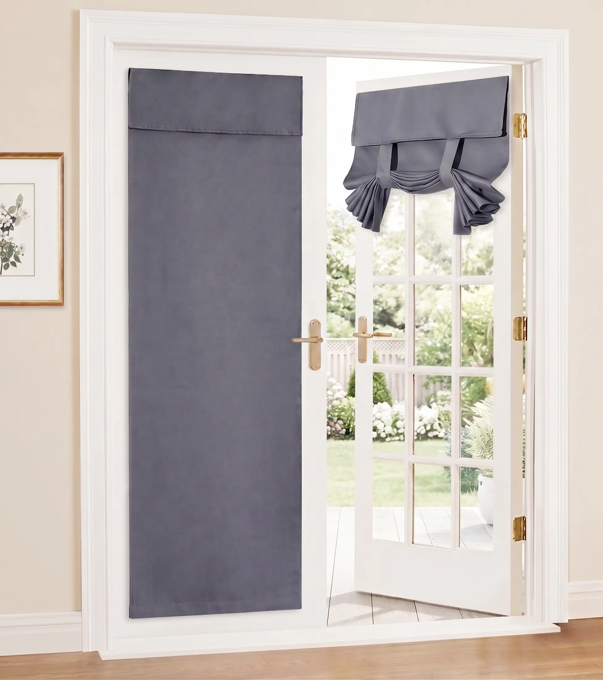 PWZYBXL Solid Blackout French Door Curtain - Privacy Focus, Light Blocking, Thermal Insulated 1-Panel Window Shade with Tie-Up, Self-Adhesive No-Drill for Patio, Kitchen Glass Doors