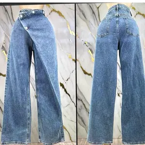 High-Waisted Wide-Leg Jeans for Women - Comfortable & Stylish Denim Pants with Button Detail