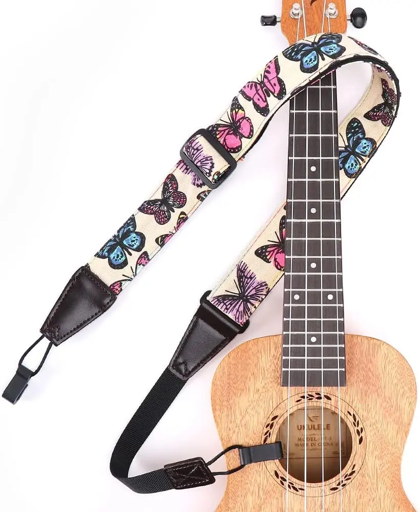 Ukulele Strap No Drill, Adjustable Double J Hook Clip on Uke  Strap, Hawaiian Butterfly Printing Hands Free Ukelele Strap, Easy to Use and Fit  Standard Uke Sizes