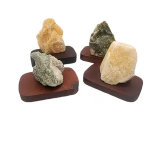 Mineral Specimen Display On Stand - Green Tourmaline or Yellow Calcite on Teakwood 1pc