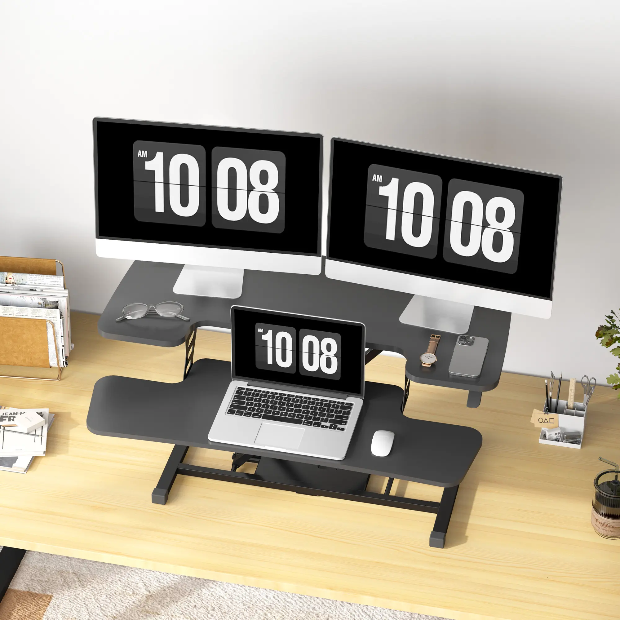 【SummerVibes】Height Adjustable Standing Desk Converter, Sit-to-Stand Desk Riser U-Shape with Spacious Removable Keyboard Tray, 2-Tier Desktop Computer Workstation in Black  Color