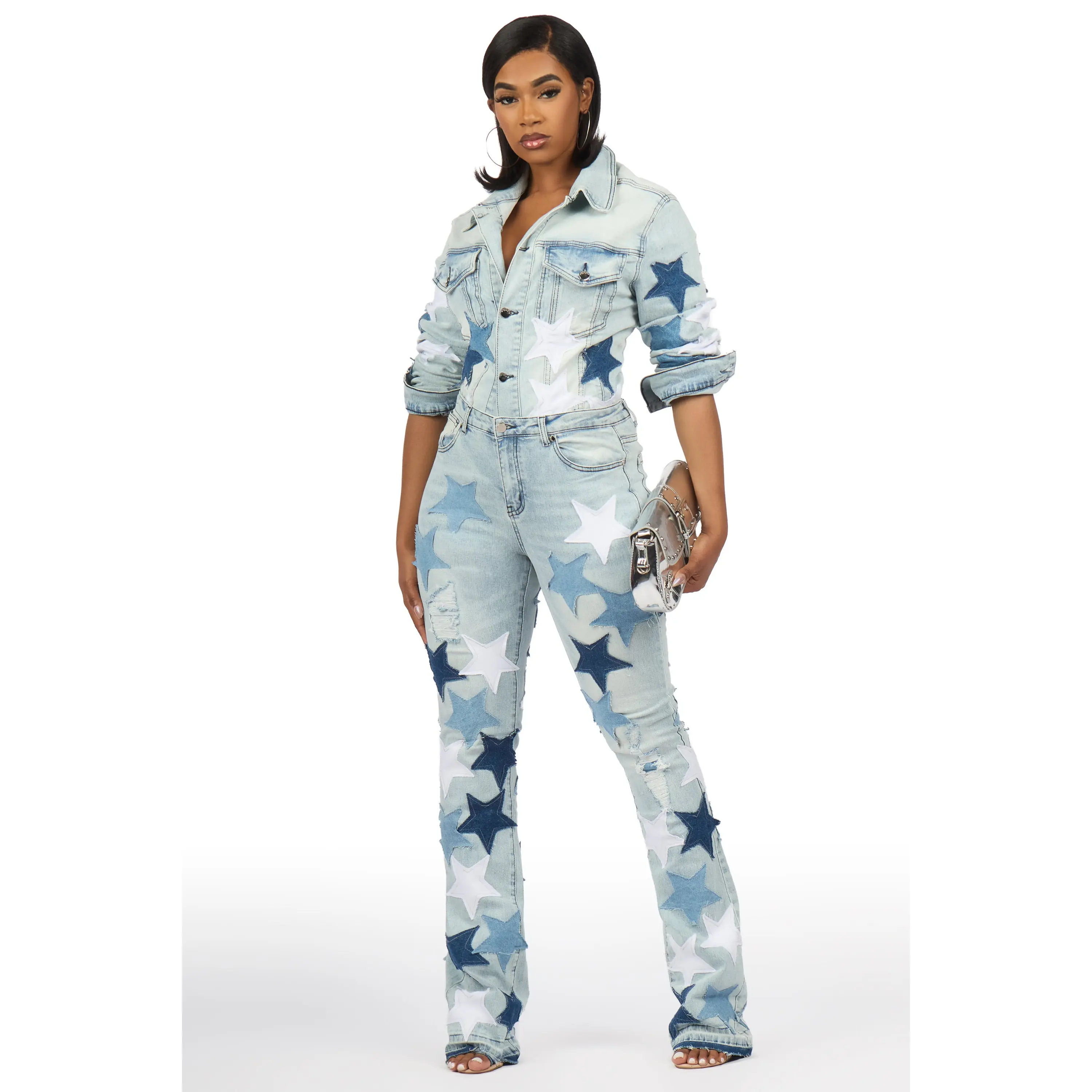 Starlena Light Wash Denim Jacket & Starlena Stacked Jean Set