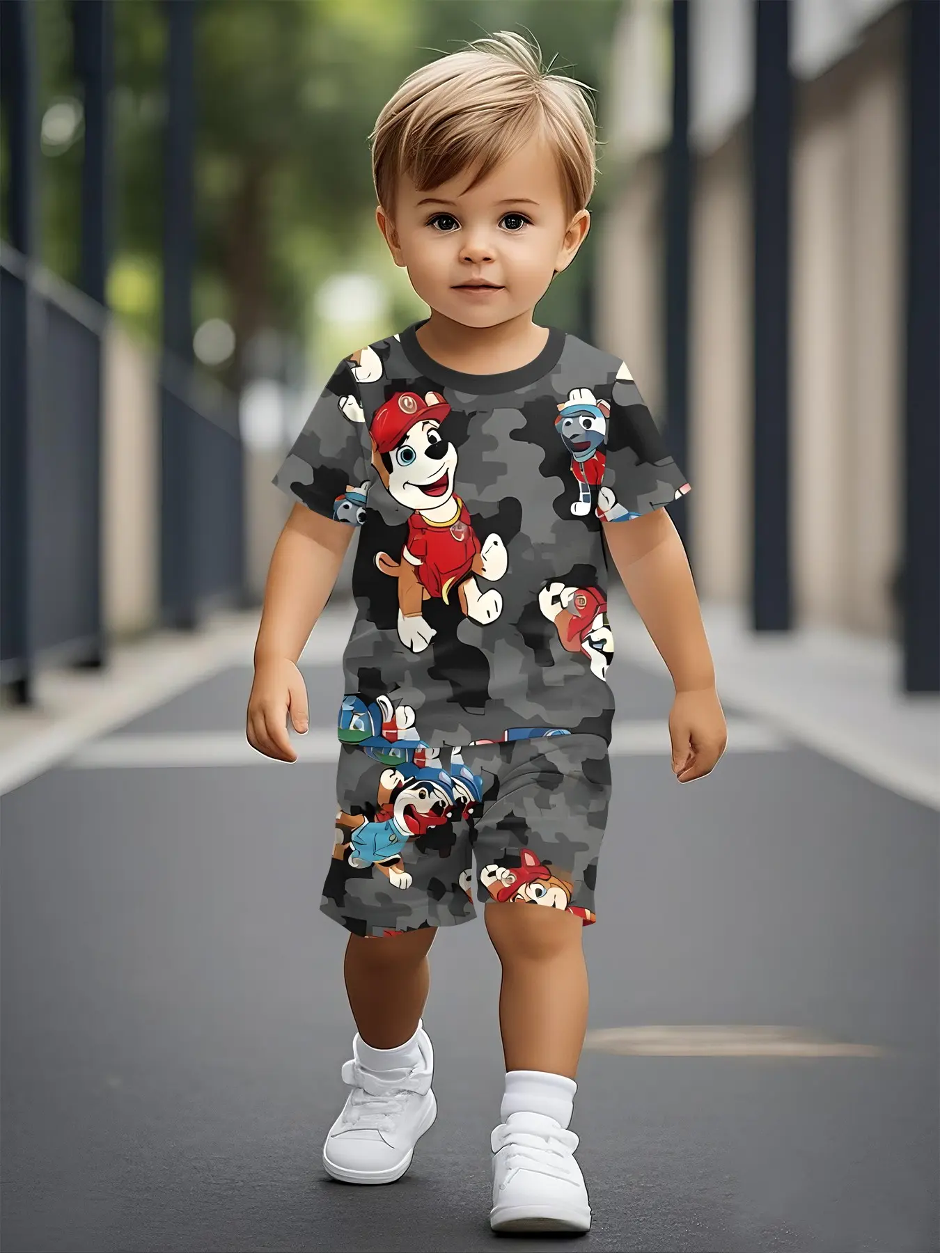 Camouflage Puppy Sports Boys Short Sleeve T-Shirt, Clothes Kids, Digital Printed Toddler Short Sleeve Set, Casual Kids Summer Clothing Set, Suitable for Daily and Outdoor Activities, Made of 100% polyester