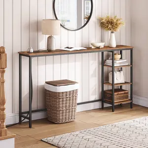 HOOBRO 63" Console Table with Power Outlet, Behind Sofa Table with Shelves, Long Computer Desk with Storage, Couch Table for Home Office, Hallway, Rustic Brown and Black #SummerVibes