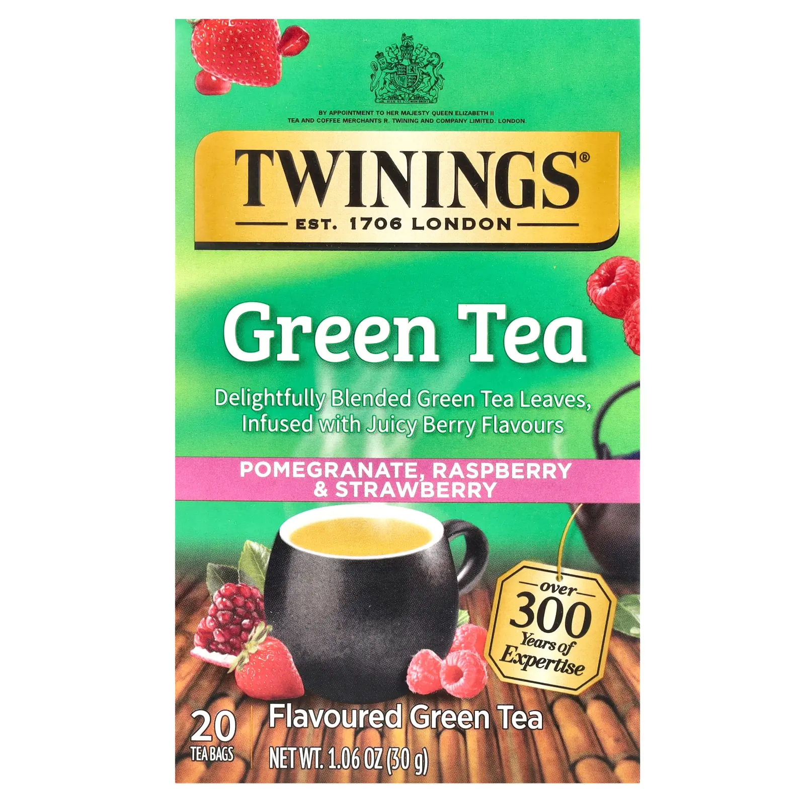 Twinings Flavored Green Tea, Pomegranate, Raspberry & Strawberry, 20 Tea Bags, 1.06 oz (30 g)
