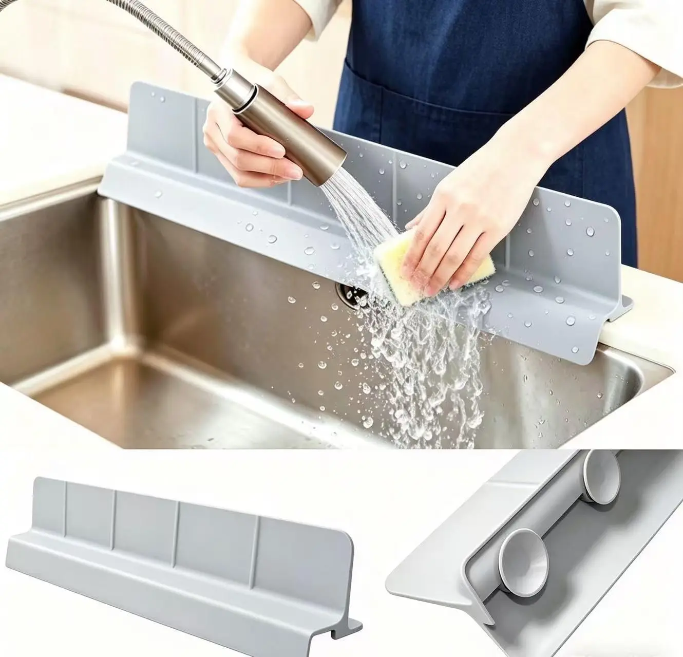 Kitchen Sink Splash Guard - Silicone Self-Draining Water Guard with 7 Suction Cups, Non-Slip Base, High Splash Wall, Overhang Edge, Countertop Dry-Keeping, Dishwasher Safe