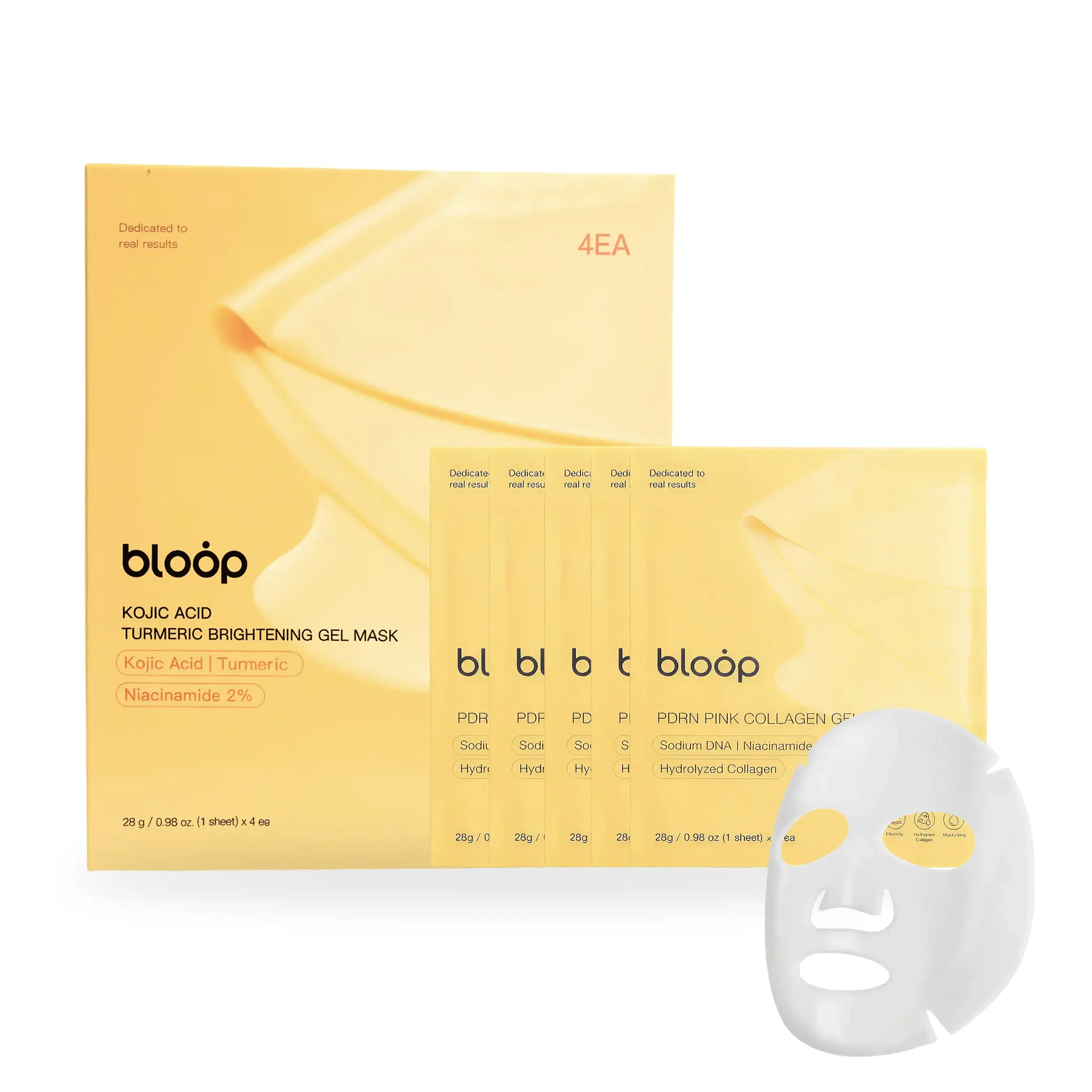 bloȯp Kojic Acid Turmeric Brightening Gel Mask - Hydrating Firming Soothing Skincare Sheet Mask with 2% Niacinamide for All Skin Types - 4 pcs