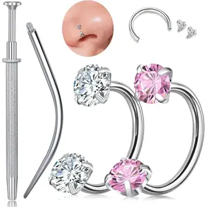 2 Pcs Titanium Horseshoe Nose Ring 20G, Double Gem Nose Ring for Women, Hypoallergenic Horseshoe Nose Rings Helix Tragus Earring Hoops Labret Lip Piercing Jewelry Small Septum Rings essentials beach with Picker Magnetic Stainless Steel   Kit Pincher new u