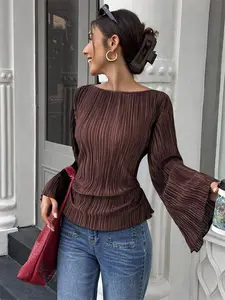 Elegant Women's Ruched Flare Sleeve Belted Slim Fit Long Sleeve Top, Vintage Style Casual Commuter Wear, Spring & Fall Fashion Flared Womenswear